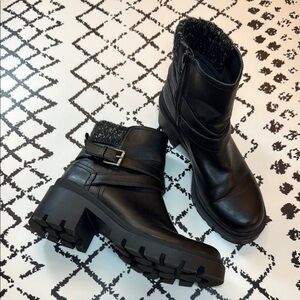 REPORT Black Combat Moto Boots with Chunky Heel and Buckle - US Size 7.5 - EUC